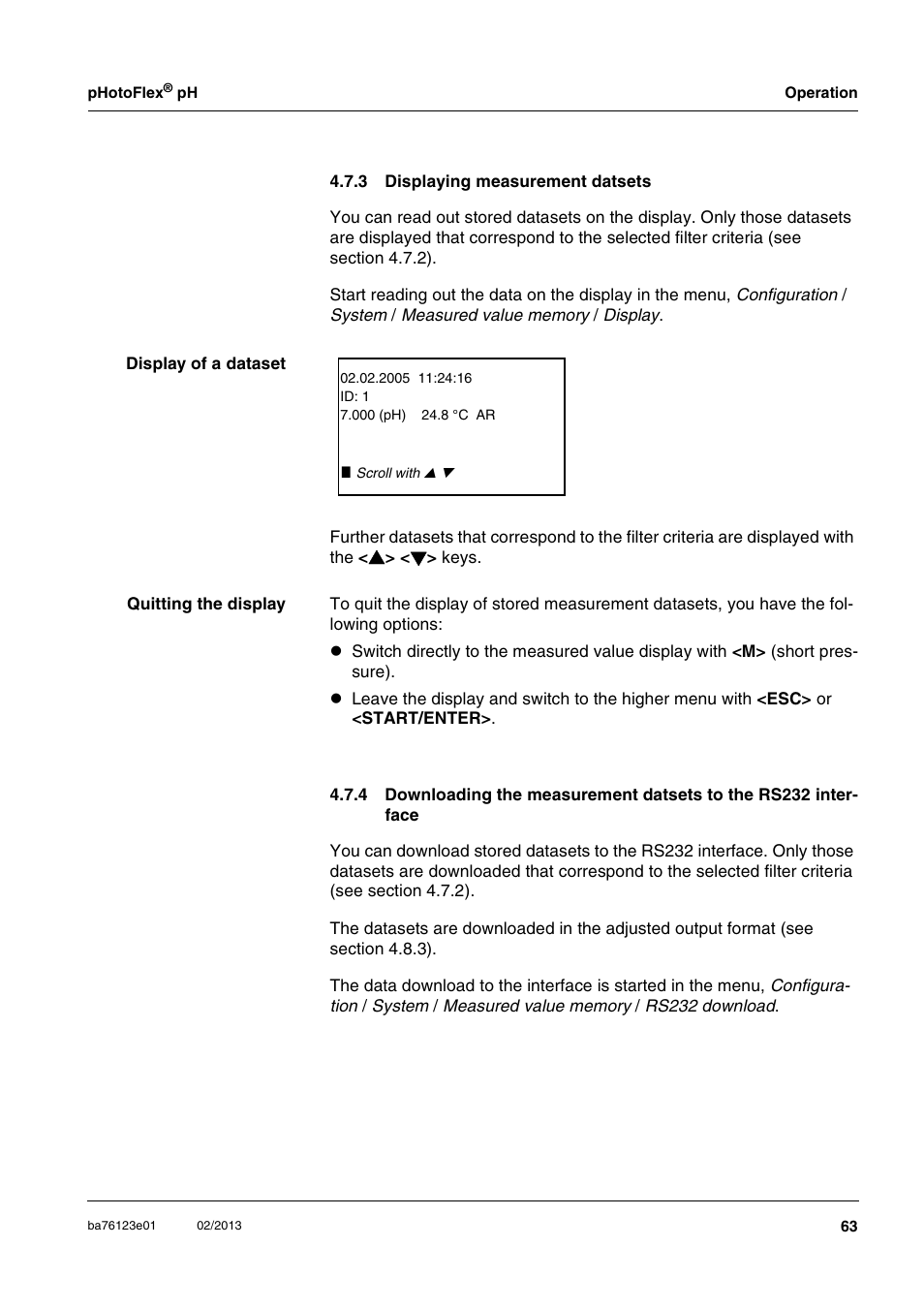 3 displaying measurement datsets, Displaying measurement datsets | YSI pHotoFlex pH Handheld Colorimeter User Manual | Page 63 / 104