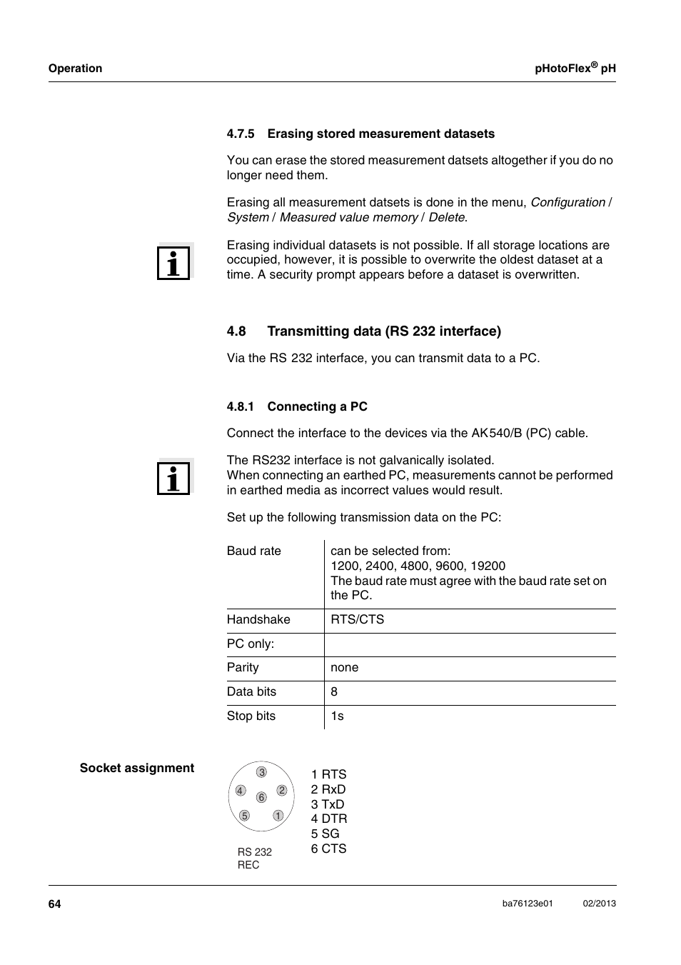 5 erasing stored measurement datasets, 8 transmitting data (rs 232 interface), 1 connecting a pc | Erasing stored measurement datasets, Transmitting data (rs 232 interface) 4.8.1, Connecting a pc | YSI pHotoFlex pH Handheld Colorimeter User Manual | Page 64 / 104