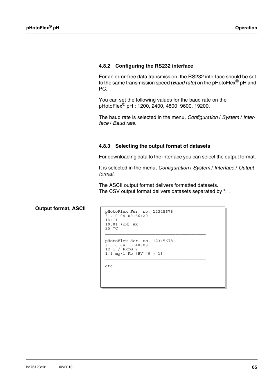 2 configuring the rs232 interface, 3 selecting the output format of datasets, Configuring the rs232 interface | Selecting the output format of datasets | YSI pHotoFlex pH Handheld Colorimeter User Manual | Page 65 / 104