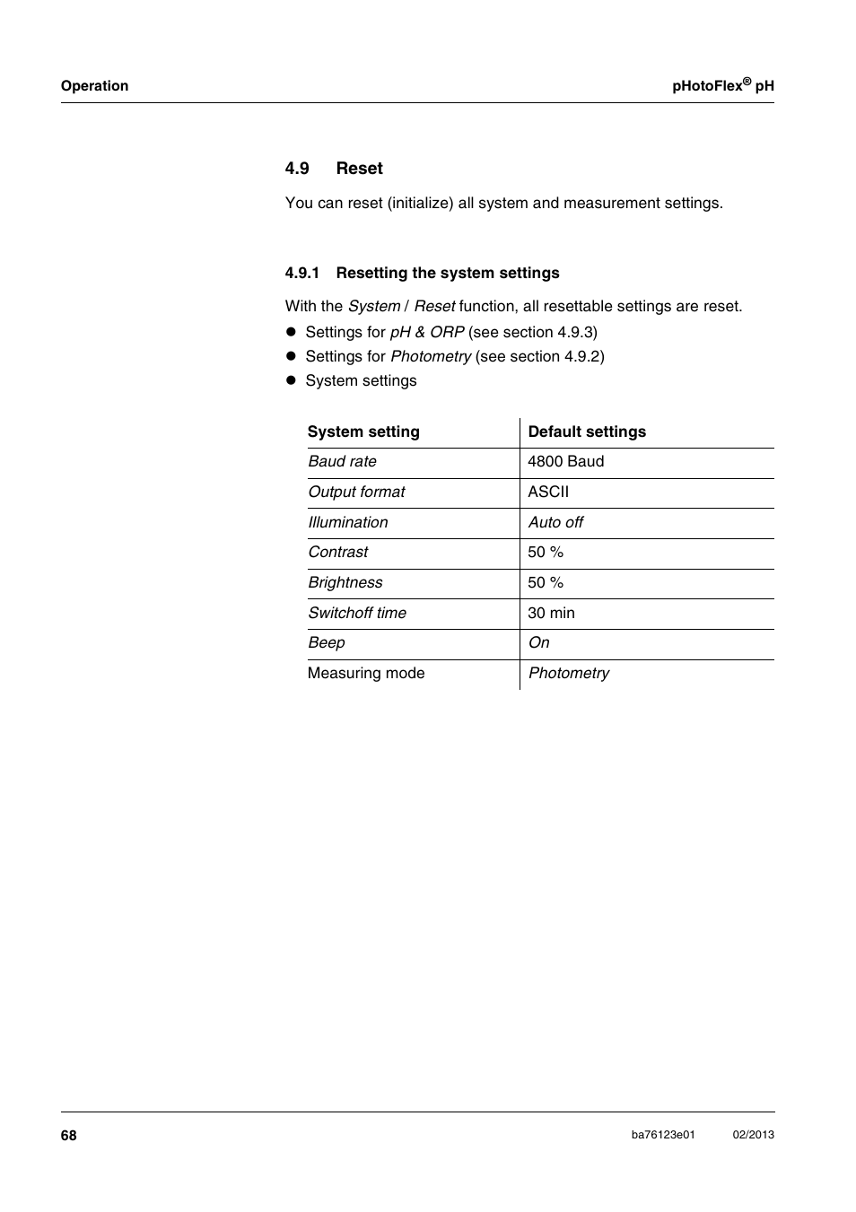 9 reset, 1 resetting the system settings, Reset 4.9.1 | Resetting the system settings, Section 4.9.1 | YSI pHotoFlex pH Handheld Colorimeter User Manual | Page 68 / 104