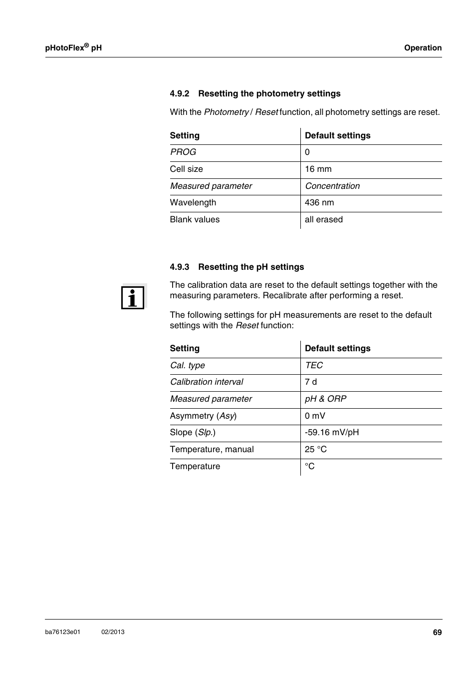 2 resetting the photometry settings, 3 resetting the ph settings, Resetting the photometry settings | Resetting the ph settings, Mode (see section 4.9.3) | YSI pHotoFlex pH Handheld Colorimeter User Manual | Page 69 / 104