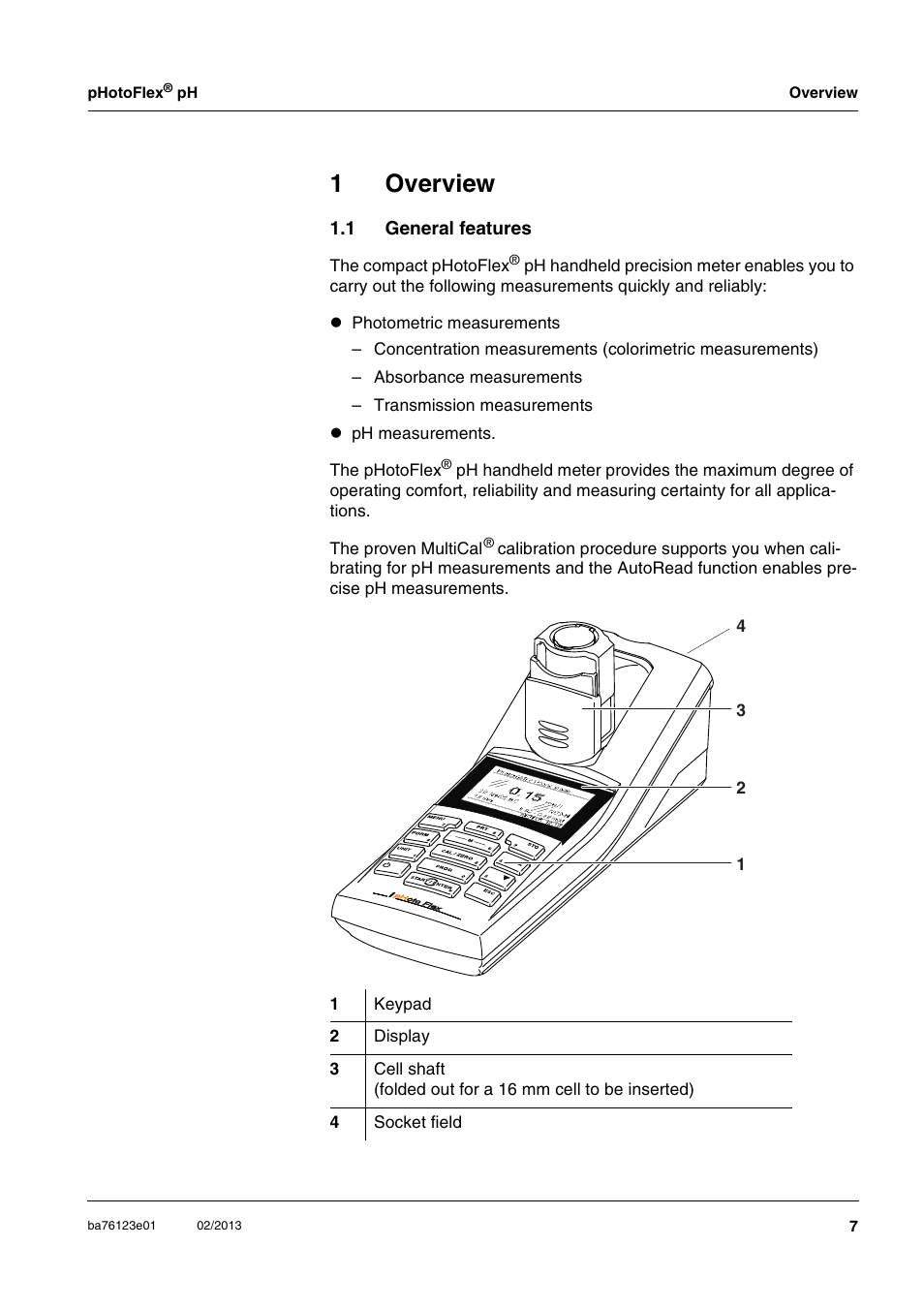 1 overview, 1 general features, Overview | General features, 1overview | YSI pHotoFlex pH Handheld Colorimeter User Manual | Page 7 / 104