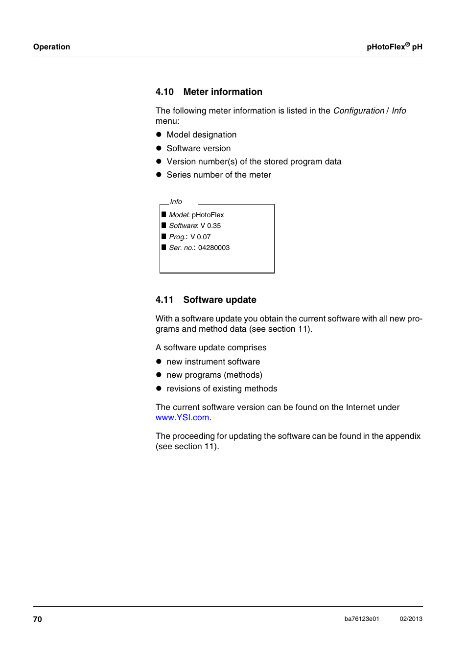 10 meter information, 11 software update, 10 meter information 4.11 software update | YSI pHotoFlex pH Handheld Colorimeter User Manual | Page 70 / 104