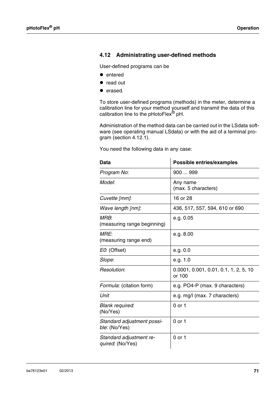 12 administrating user-defined methods, Section 4.12) | YSI pHotoFlex pH Handheld Colorimeter User Manual | Page 71 / 104
