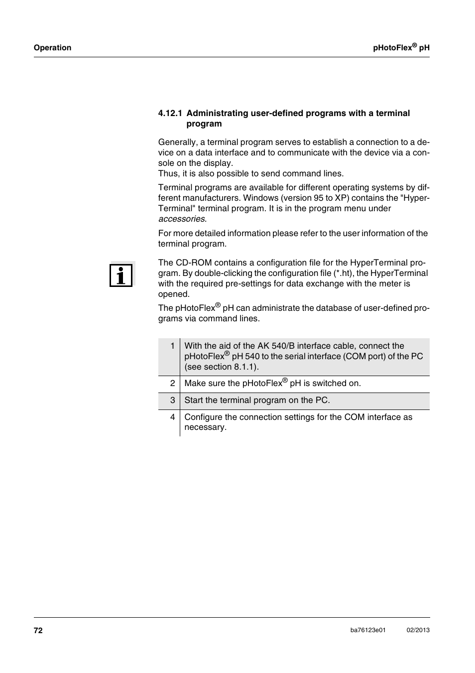 1 administrating user-defined programs with a, Terminal program | YSI pHotoFlex pH Handheld Colorimeter User Manual | Page 72 / 104