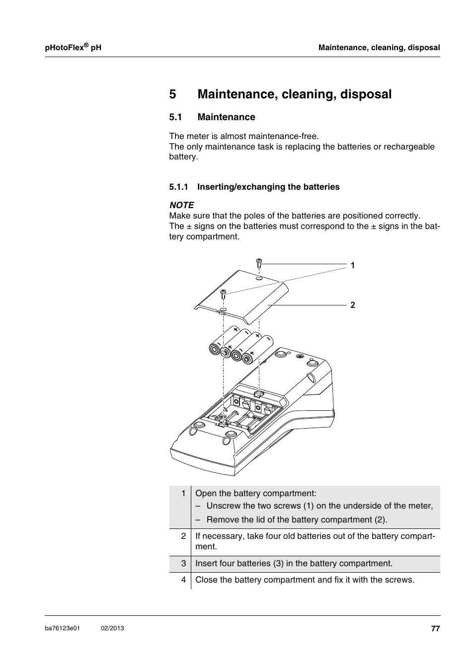 5 maintenance, cleaning, disposal, 1 maintenance, 1 inserting/exchanging the batteries | Maintenance, cleaning, disposal, Maintenance 5.1.1, Inserting/exchanging the batteries, 5maintenance, cleaning, disposal | YSI pHotoFlex pH Handheld Colorimeter User Manual | Page 77 / 104