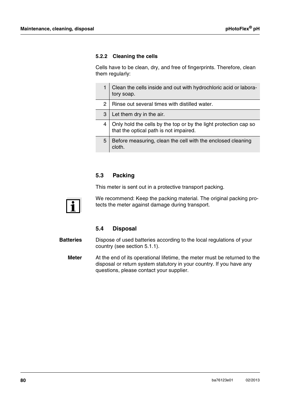 2 cleaning the cells, 3 packing, 4 disposal | Cleaning the cells, Packing, Disposal, Ee section 5.2.2) | YSI pHotoFlex pH Handheld Colorimeter User Manual | Page 80 / 104