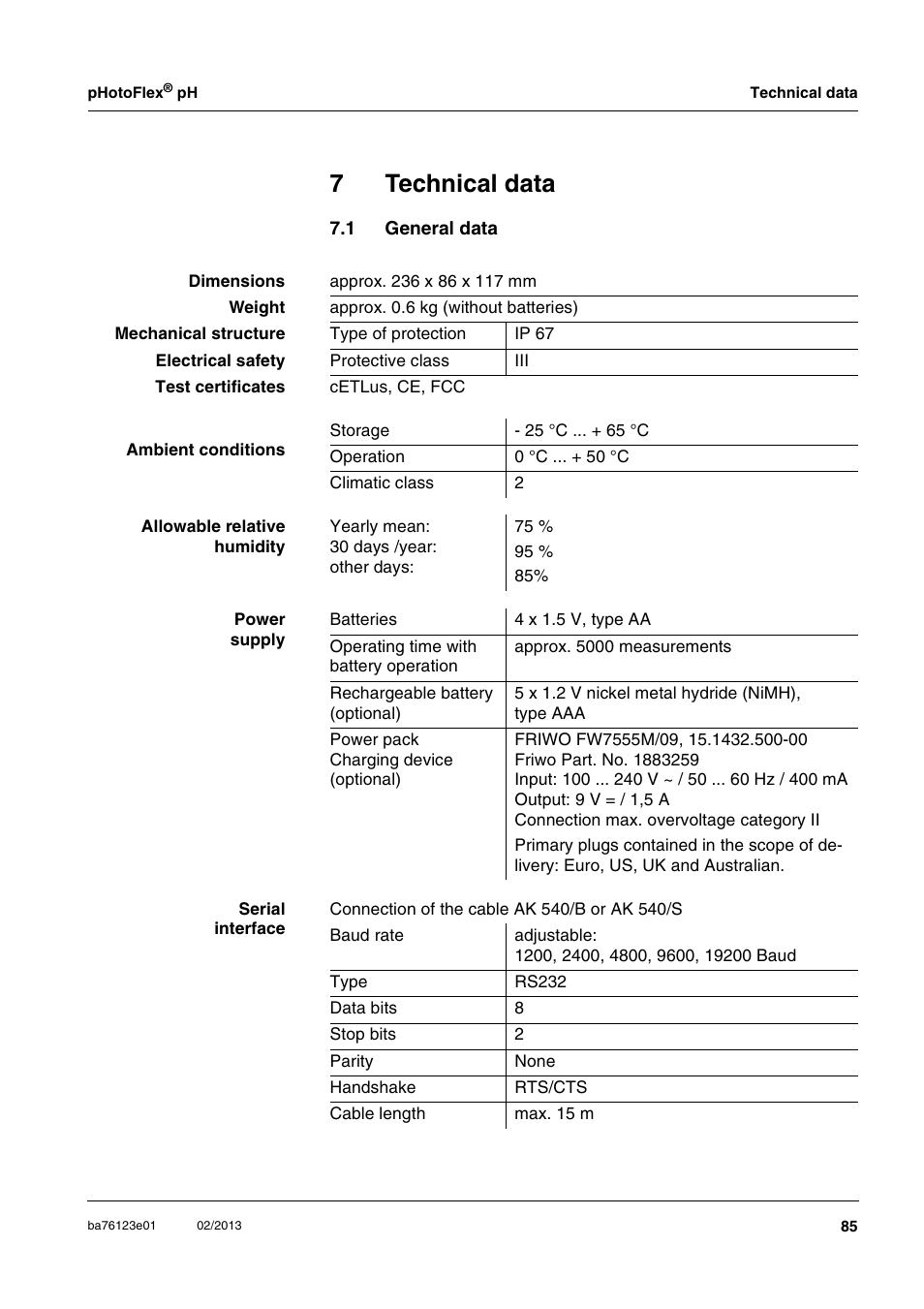 7 technical data, 1 general data, Technical data | General data, Chapter 7 t, Echnical, Data, See chapter 7 t, 7technical data | YSI pHotoFlex pH Handheld Colorimeter User Manual | Page 85 / 104