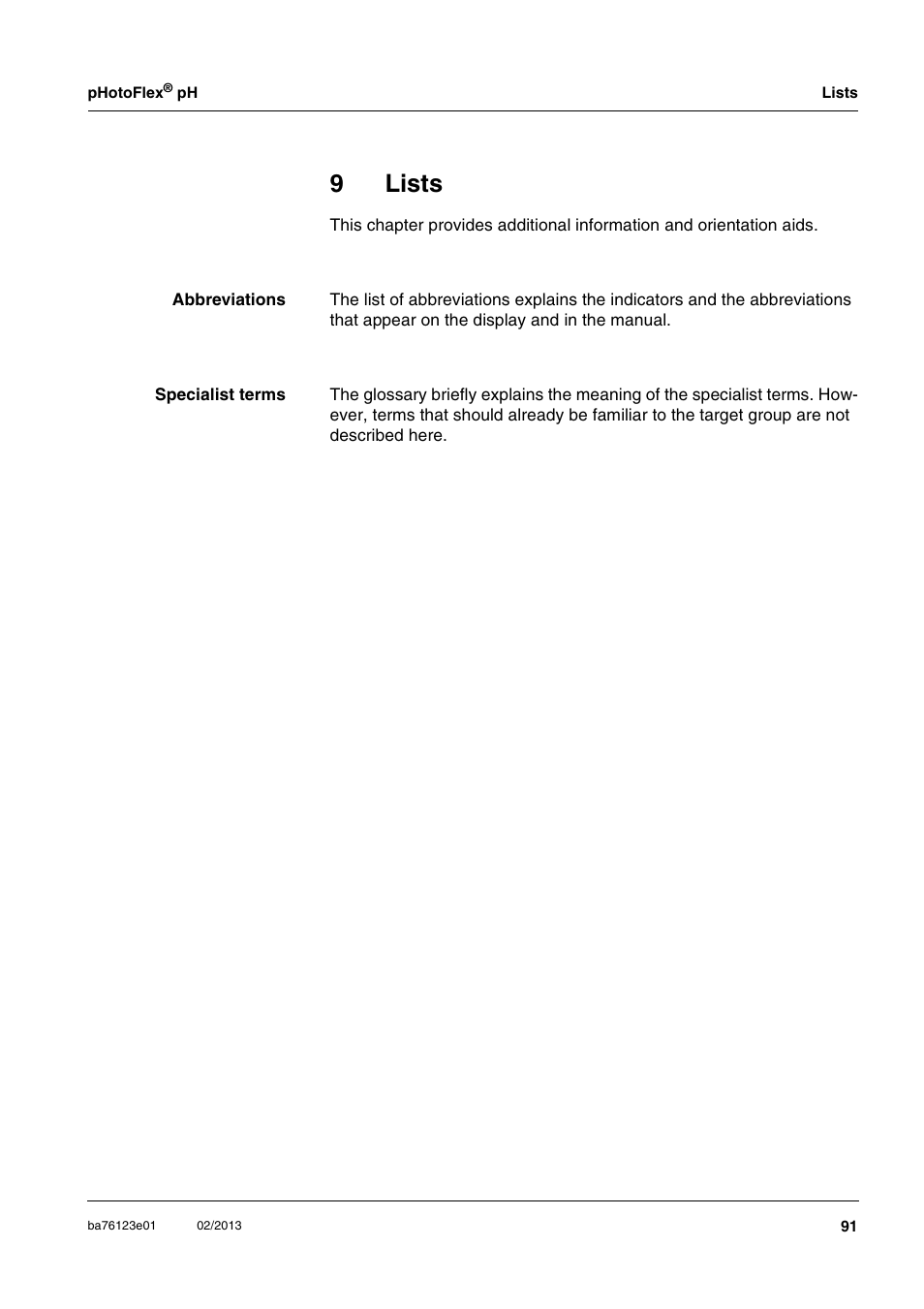 9 lists, Lists, 9lists | YSI pHotoFlex pH Handheld Colorimeter User Manual | Page 91 / 104