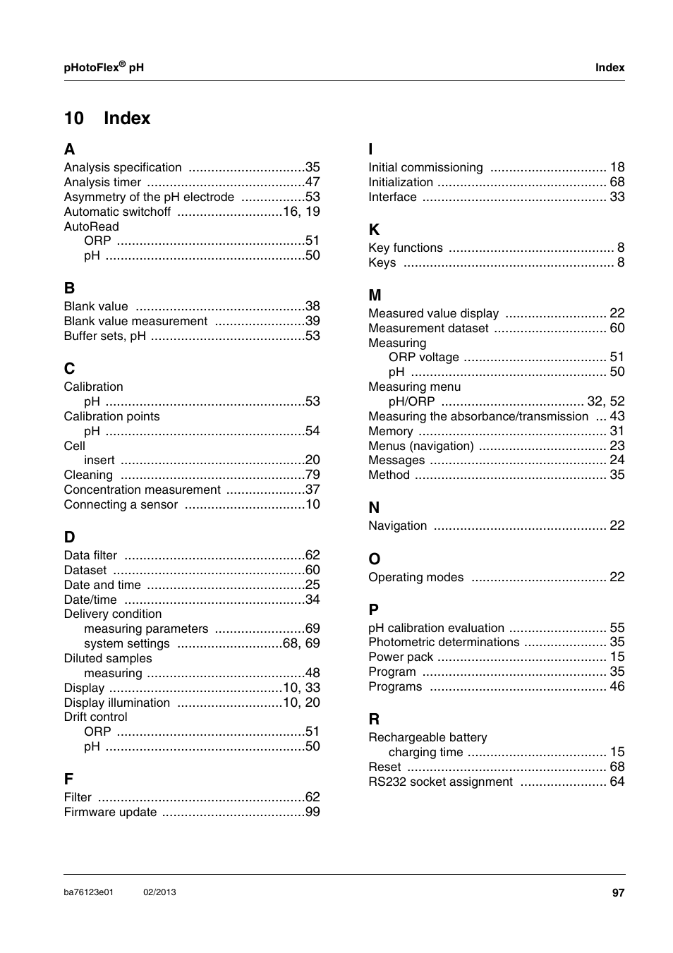 10 index | YSI pHotoFlex pH Handheld Colorimeter User Manual | Page 97 / 104