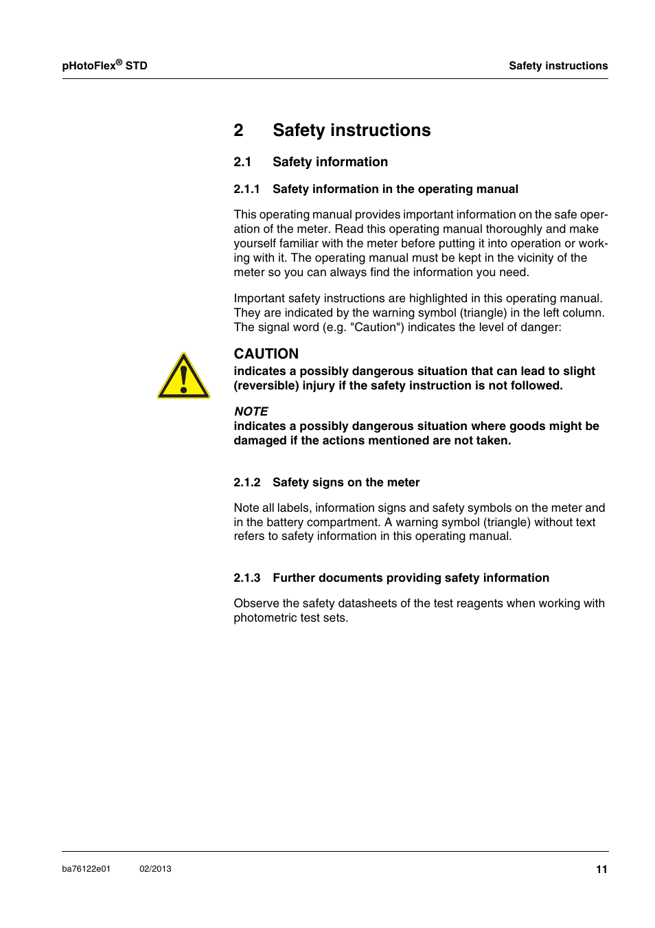 2 safety instructions, 1 safety information, 1 safety information in the operating manual | 2 safety signs on the meter, 3 further documents providing safety information, Safety instructions, Safety information 2.1.1, Safety information in the operating manual, Safety signs on the meter, Further documents providing safety information 11 | YSI pHotoFlex STD Colorimeter User Manual | Page 11 / 80