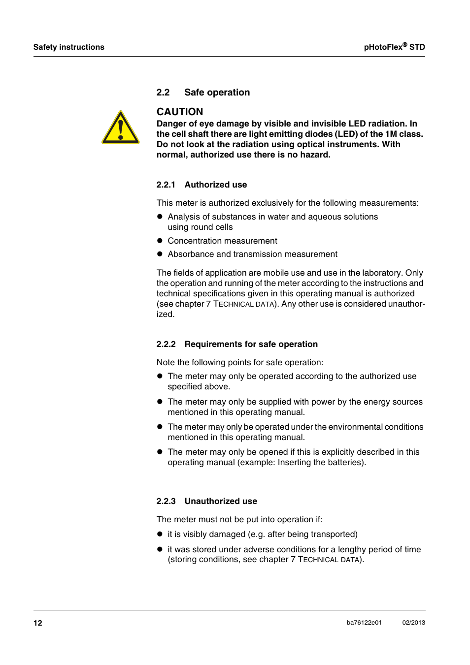 2 safe operation, 1 authorized use, 2 requirements for safe operation | 3 unauthorized use, Safe operation 2.2.1, Authorized use, Requirements for safe operation, Unauthorized use, Caution | YSI pHotoFlex STD Colorimeter User Manual | Page 12 / 80