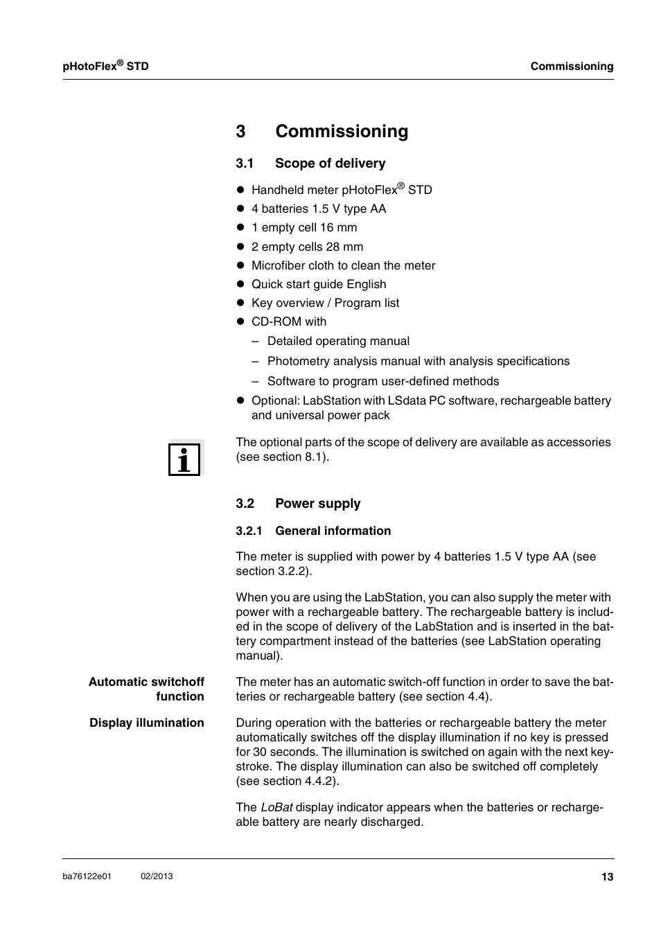 3 commissioning, 1 scope of delivery, 2 power supply | 1 general information, Commissioning, Scope of delivery, Power supply 3.2.1, General information, 3commissioning | YSI pHotoFlex STD Colorimeter User Manual | Page 13 / 80