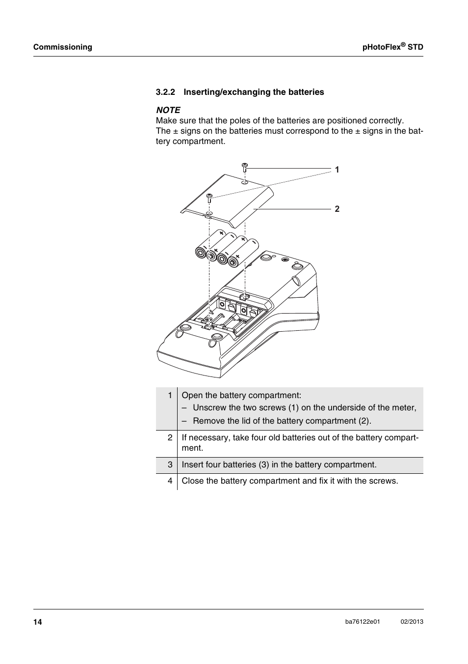 2 inserting/exchanging the batteries, Inserting/exchanging the batteries, Section 3.2.2 | YSI pHotoFlex STD Colorimeter User Manual | Page 14 / 80