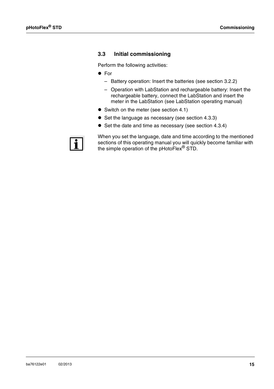 3 initial commissioning, Initial commissioning | YSI pHotoFlex STD Colorimeter User Manual | Page 15 / 80