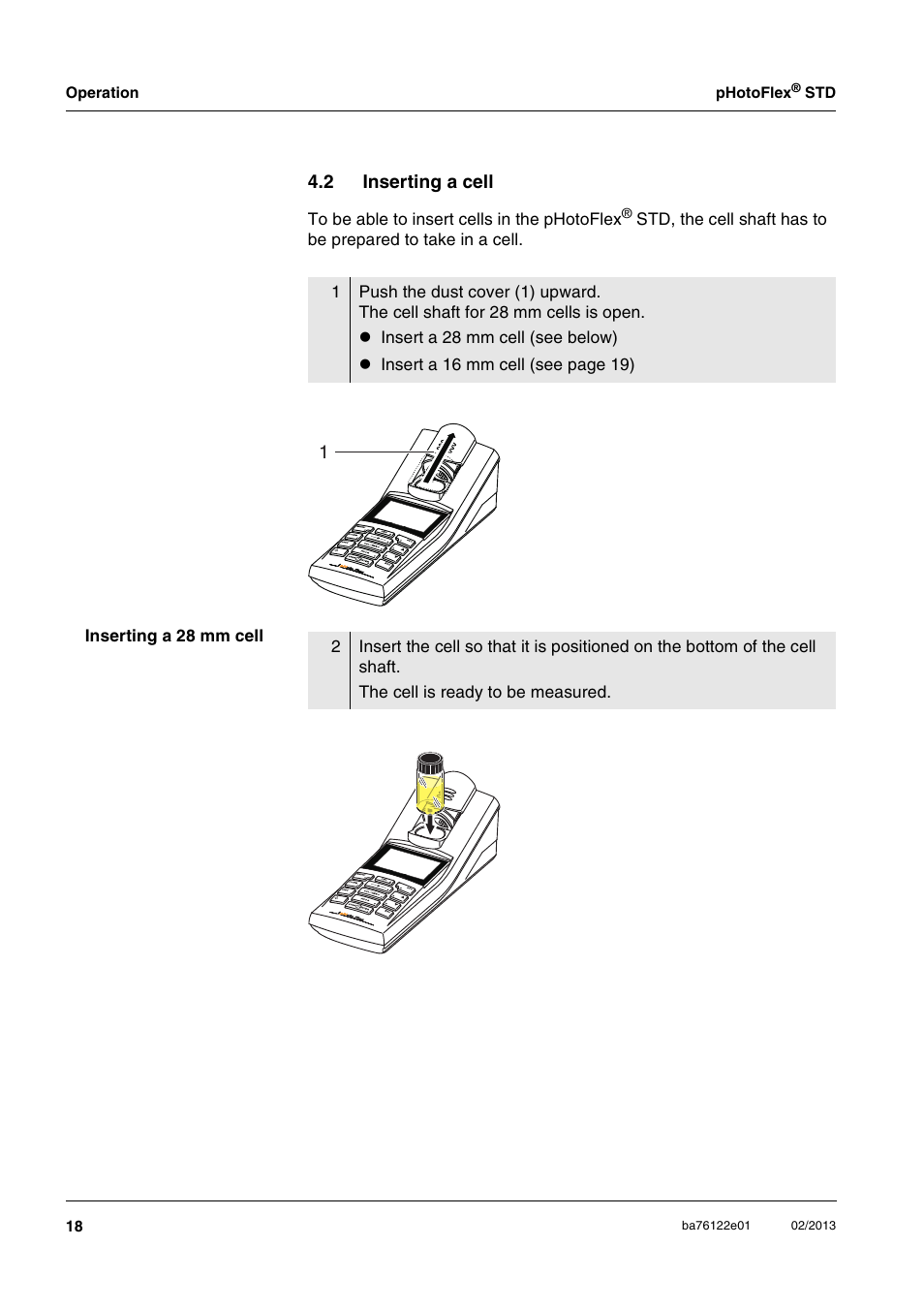 2 inserting a cell, Inserting a cell | YSI pHotoFlex STD Colorimeter User Manual | Page 18 / 80