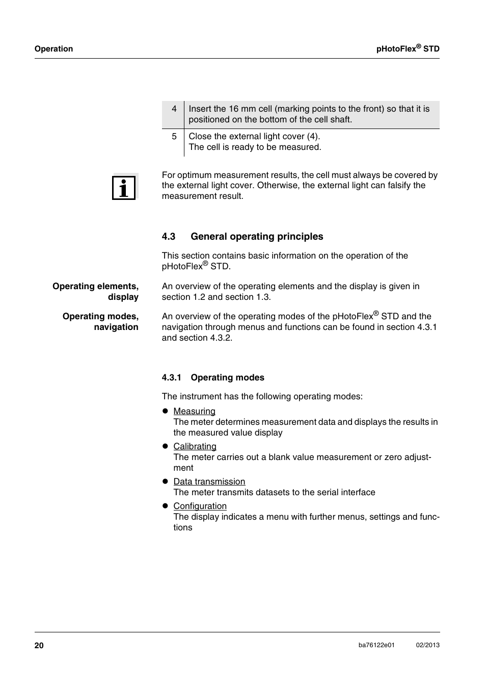 3 general operating principles, 1 operating modes, General operating principles 4.3.1 | Operating modes | YSI pHotoFlex STD Colorimeter User Manual | Page 20 / 80