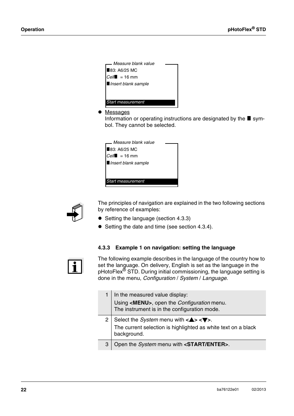 3 example 1 on navigation: setting the language, Example 1 on navigation: setting the language 22, Ee section 4.3.3) | YSI pHotoFlex STD Colorimeter User Manual | Page 22 / 80