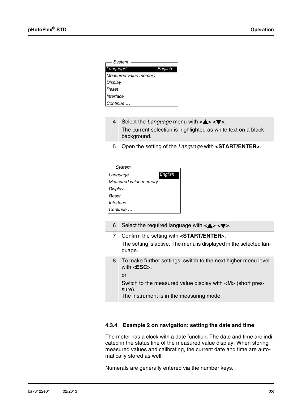 Example 2 on navigation: setting the date and time, Section 4.3.4) | YSI pHotoFlex STD Colorimeter User Manual | Page 23 / 80