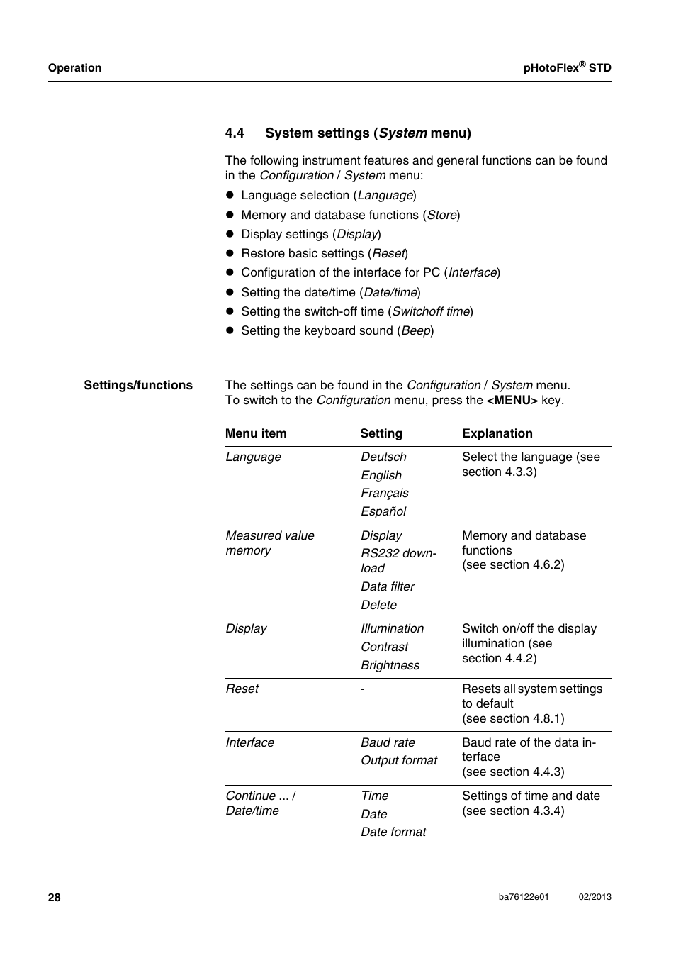 4 system settings (system menu), System settings ( sys, Ee section 4.4 | YSI pHotoFlex STD Colorimeter User Manual | Page 28 / 80