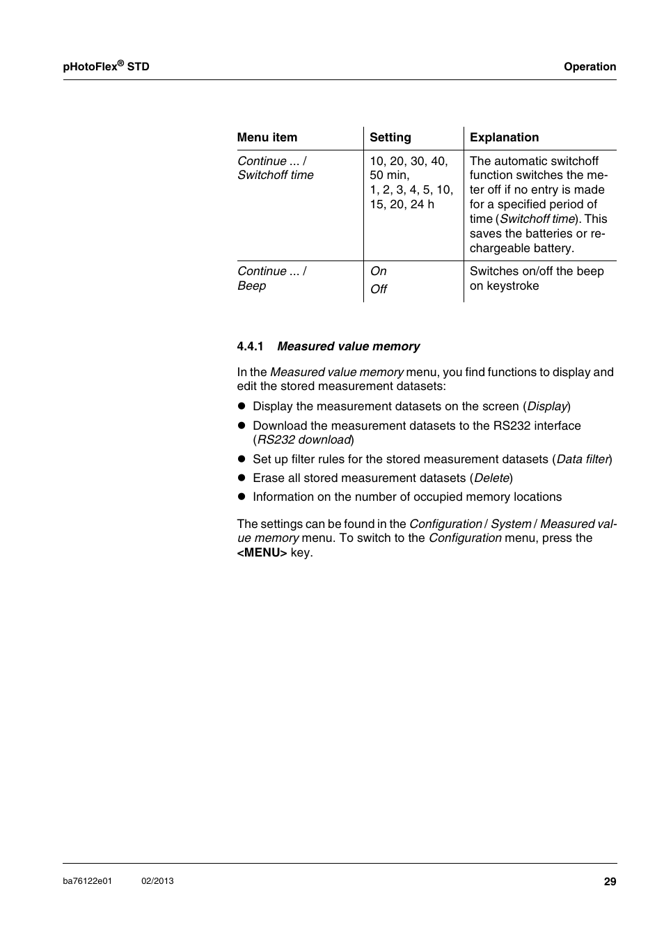 1 measured value memory | YSI pHotoFlex STD Colorimeter User Manual | Page 29 / 80