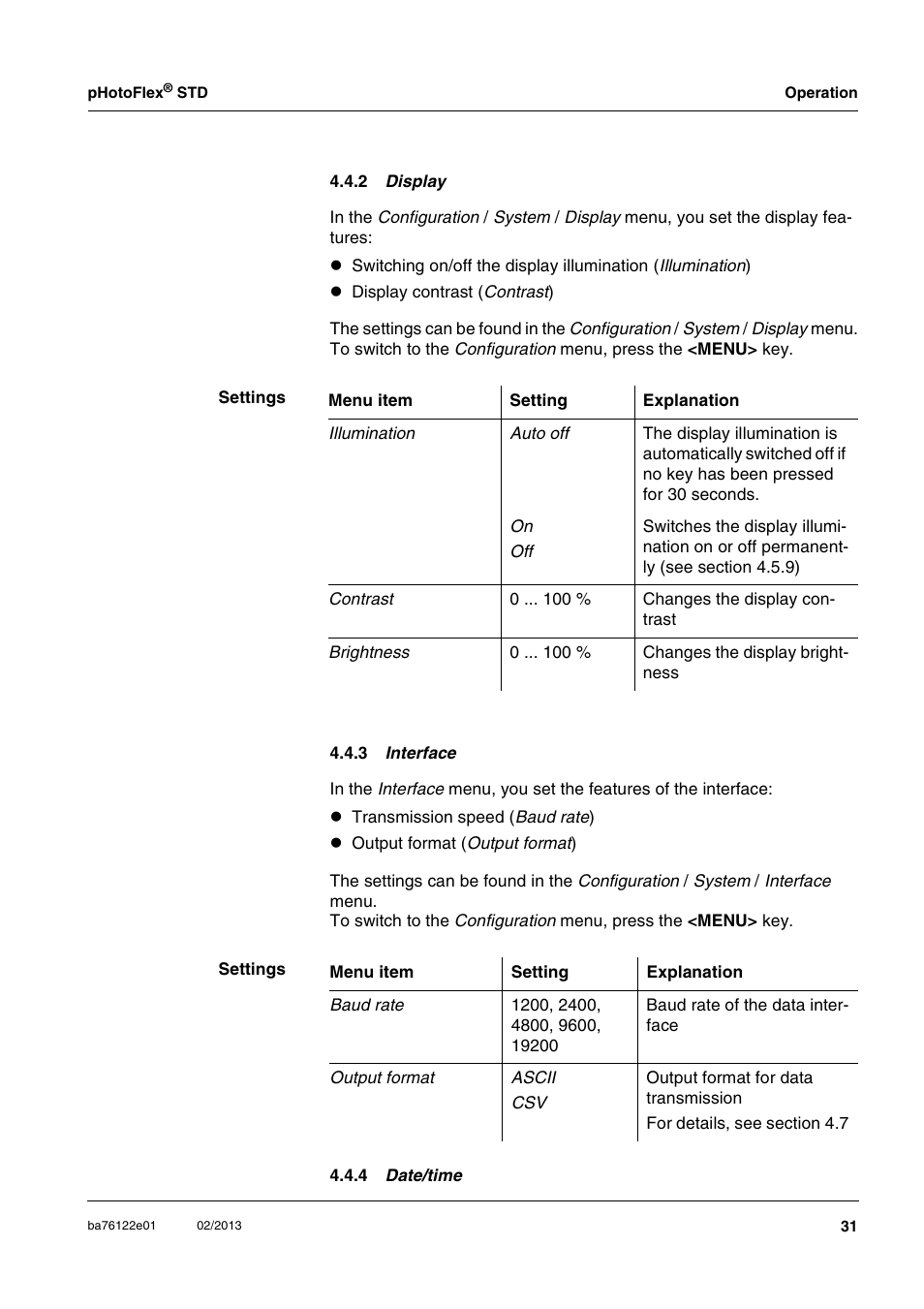 2 display, 3 interface, 4 date/time | See section 4.4.2), Section 4.4.2), Section 4.4.3 | YSI pHotoFlex STD Colorimeter User Manual | Page 31 / 80