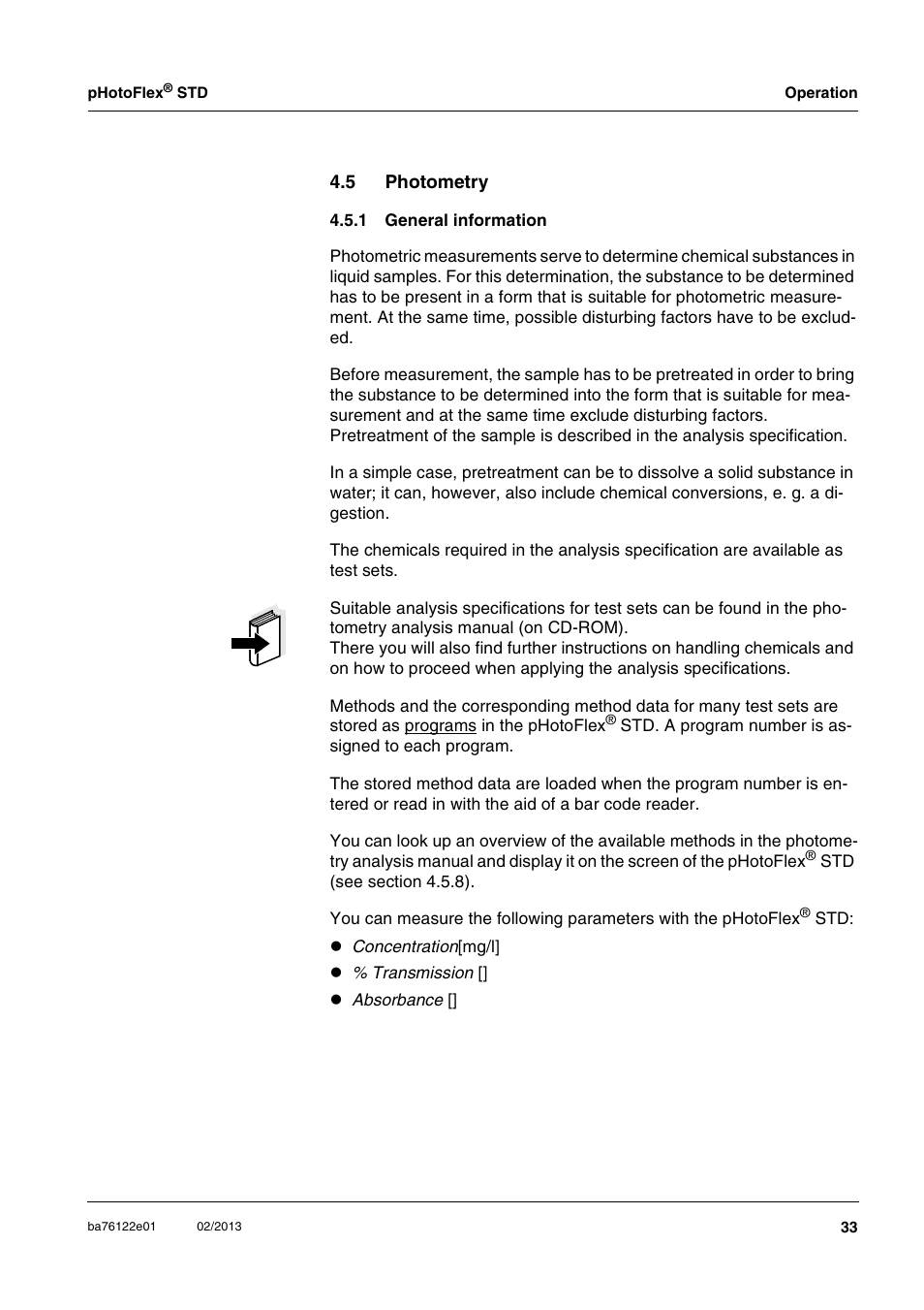 5 photometry, 1 general information, Photometry 4.5.1 | General information | YSI pHotoFlex STD Colorimeter User Manual | Page 33 / 80