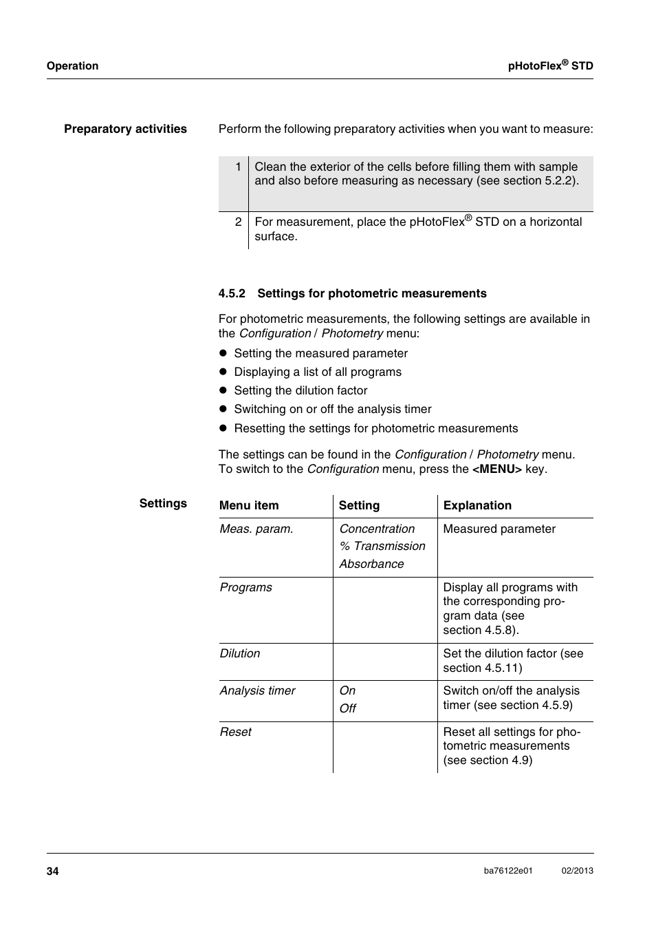 2 settings for photometric measurements, Settings for photometric measurements | YSI pHotoFlex STD Colorimeter User Manual | Page 34 / 80