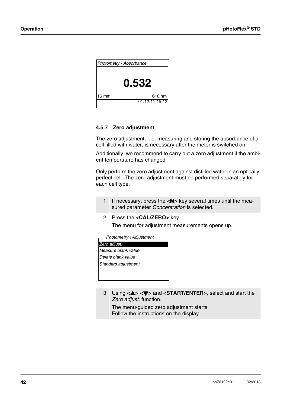 7 zero adjustment, Zero adjustment | YSI pHotoFlex STD Colorimeter User Manual | Page 42 / 80