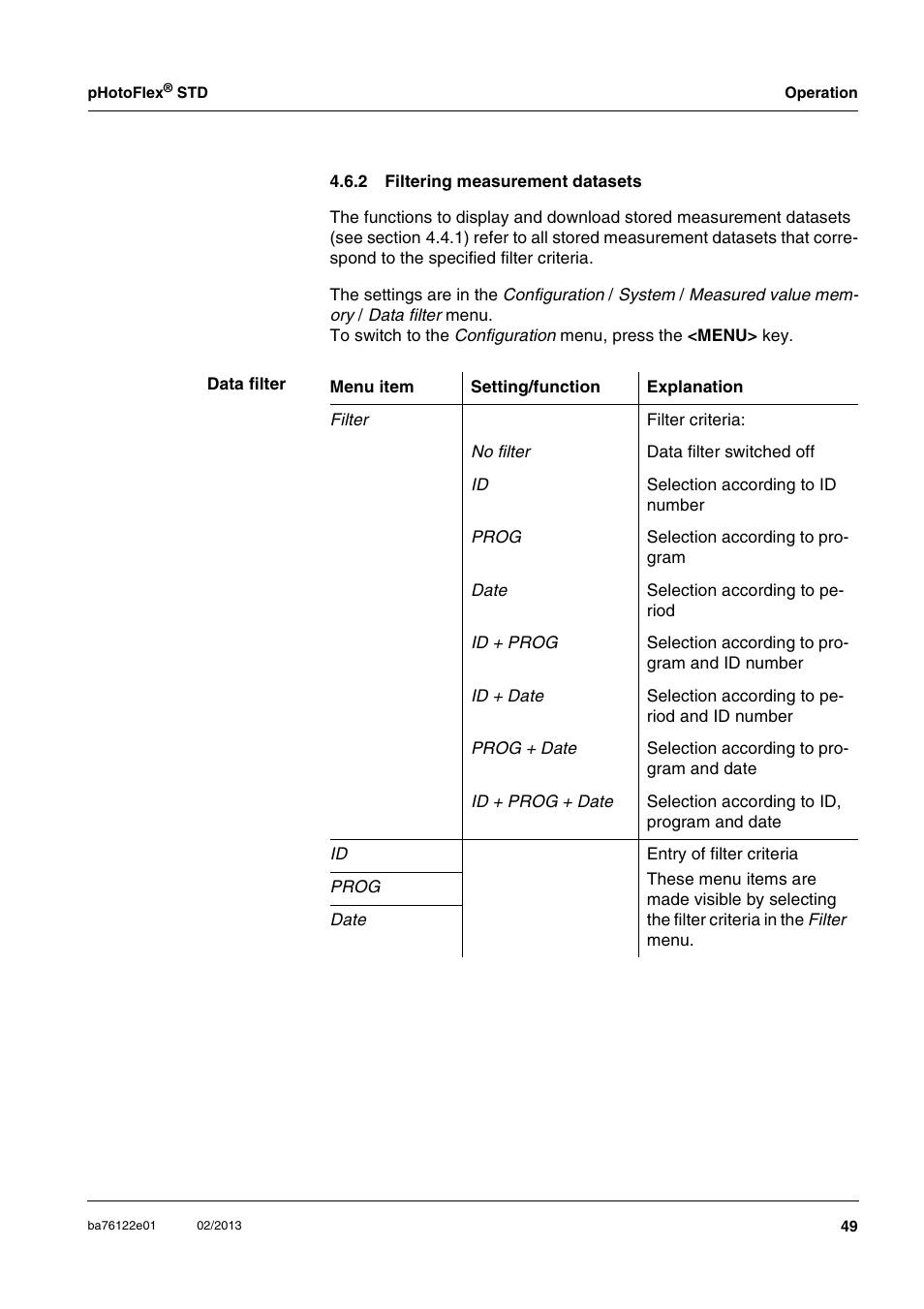 2 filtering measurement datasets, Filtering measurement datasets, Section 4.6.2 | YSI pHotoFlex STD Colorimeter User Manual | Page 49 / 80