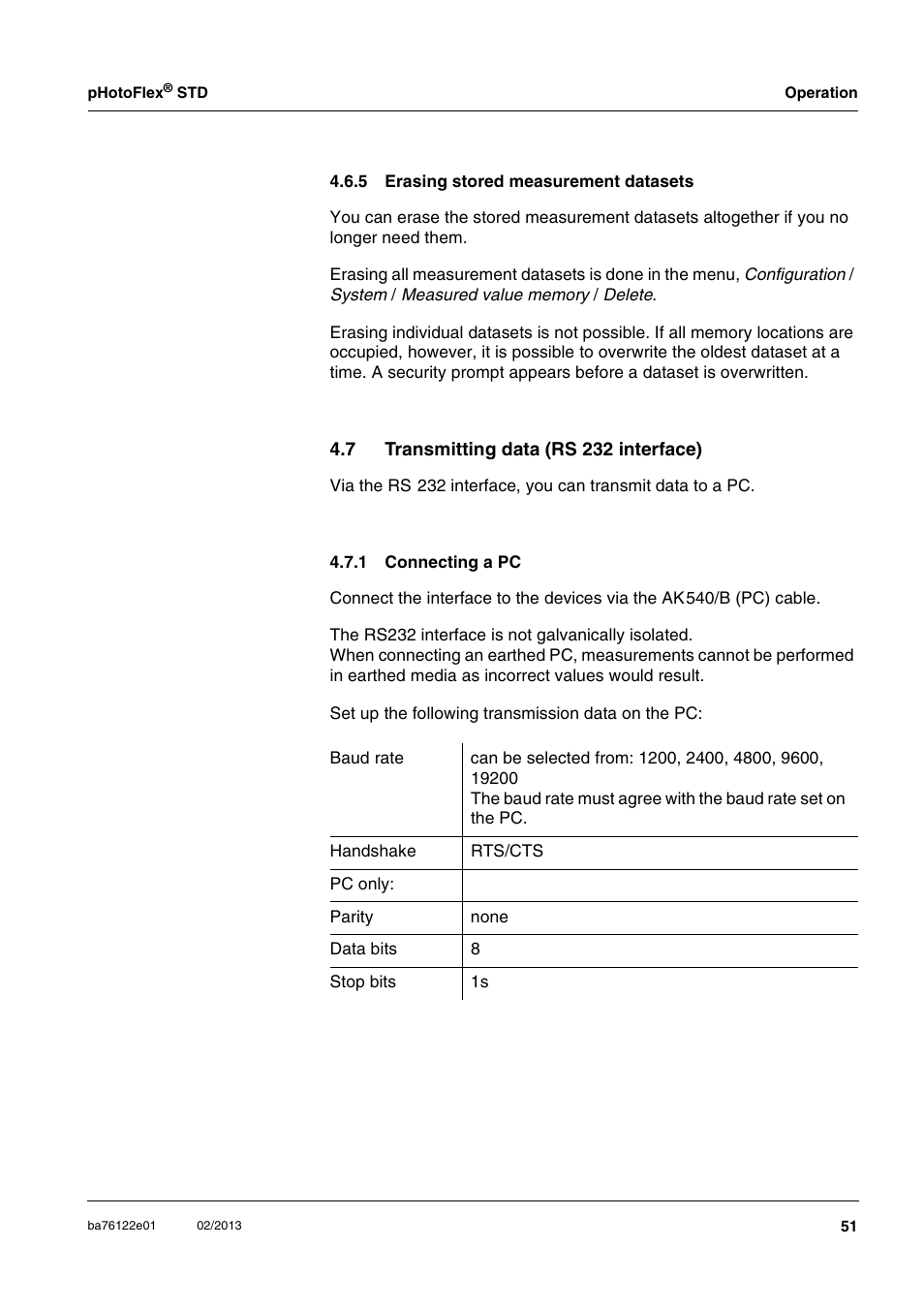 5 erasing stored measurement datasets, 7 transmitting data (rs 232 interface), 1 connecting a pc | Erasing stored measurement datasets, Transmitting data (rs 232 interface) 4.7.1, Connecting a pc | YSI pHotoFlex STD Colorimeter User Manual | Page 51 / 80