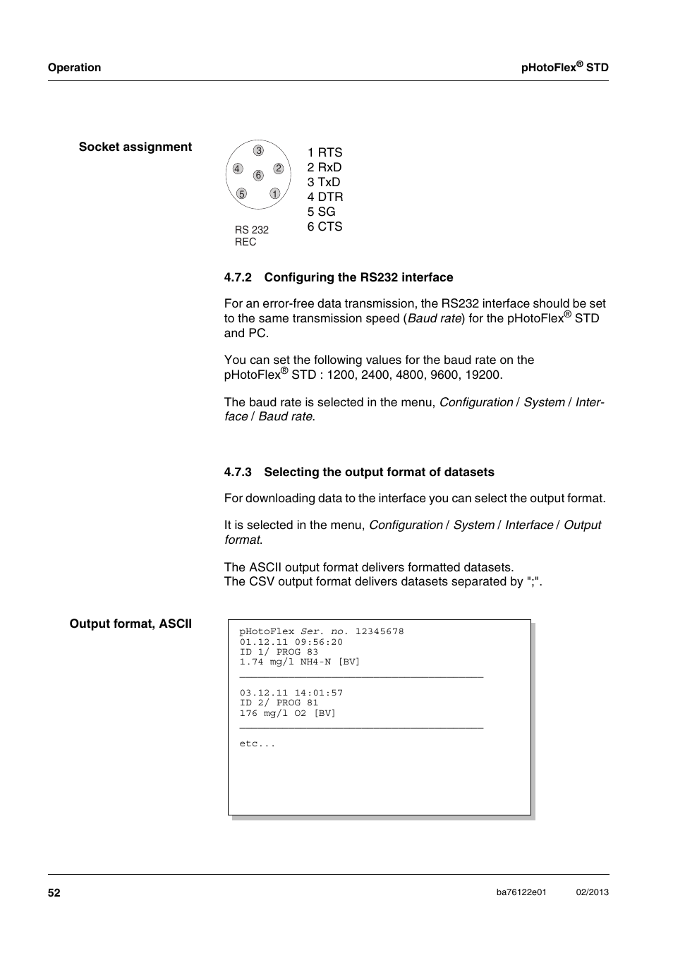 2 configuring the rs232 interface, 3 selecting the output format of datasets, Configuring the rs232 interface | Selecting the output format of datasets | YSI pHotoFlex STD Colorimeter User Manual | Page 52 / 80