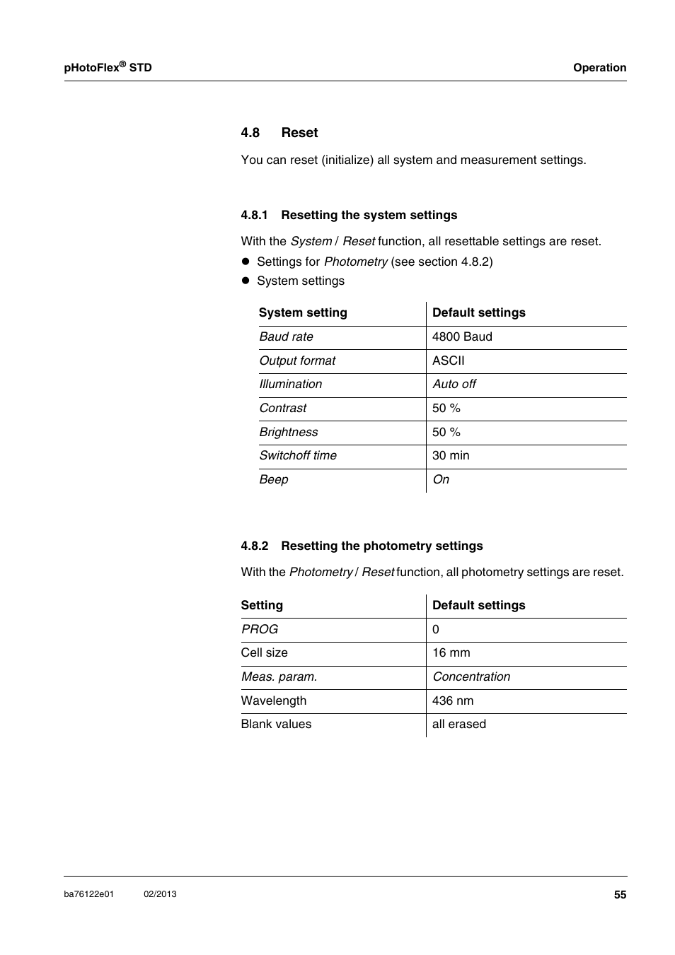 8 reset, 1 resetting the system settings, 2 resetting the photometry settings | Reset 4.8.1, Resetting the system settings, Resetting the photometry settings, Section 4.8.1 | YSI pHotoFlex STD Colorimeter User Manual | Page 55 / 80