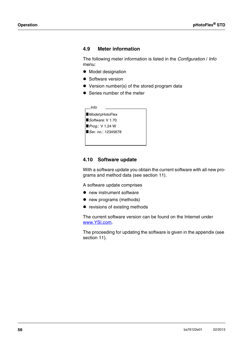 9 meter information, 10 software update, Meter information | Ee section 4.9 | YSI pHotoFlex STD Colorimeter User Manual | Page 56 / 80