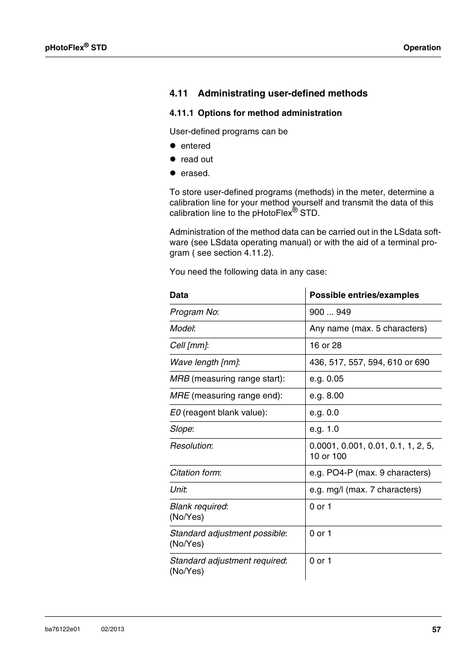 11 administrating user-defined methods, 1 options for method administration | YSI pHotoFlex STD Colorimeter User Manual | Page 57 / 80