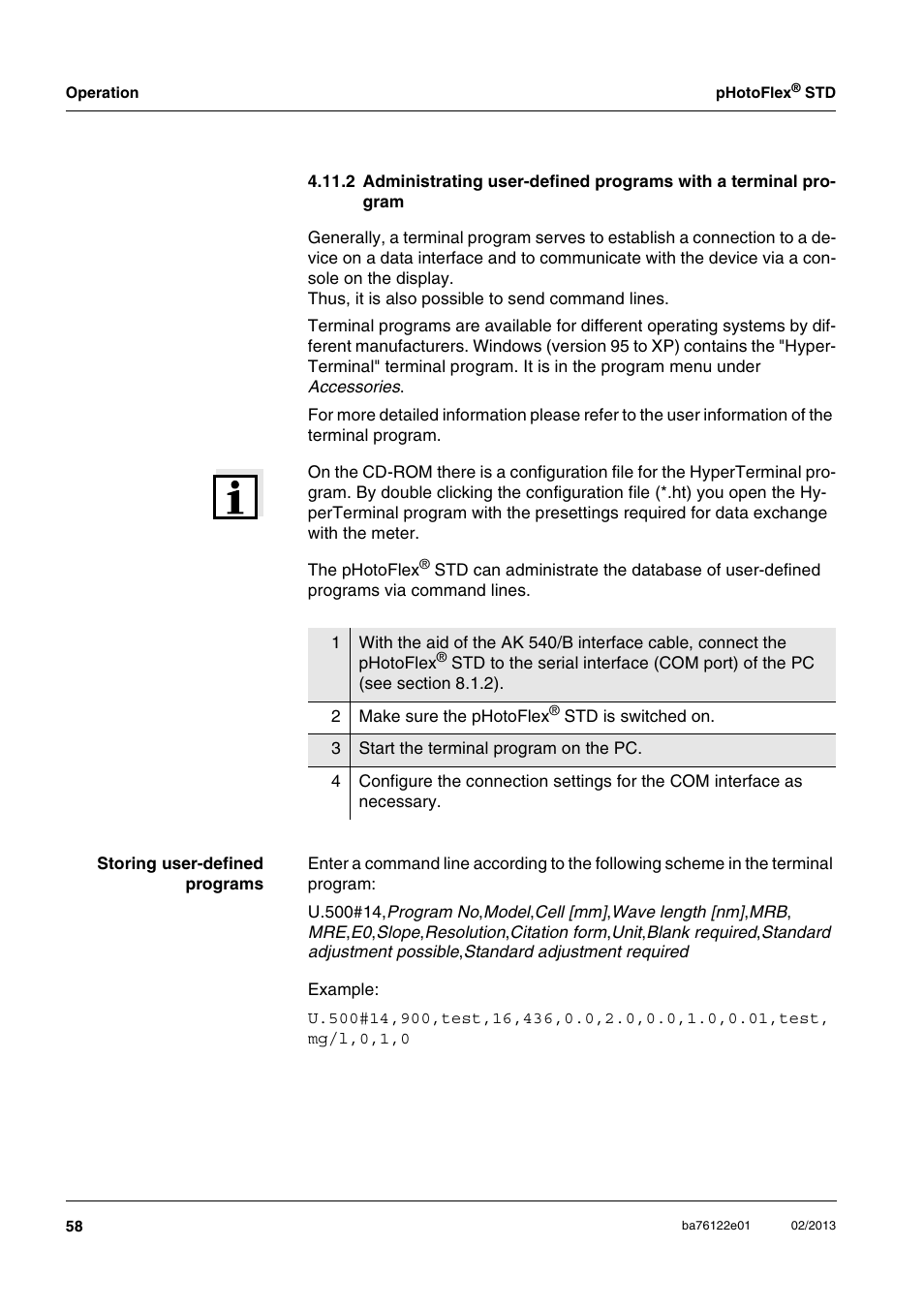 2 administrating user-defined programs with a, Terminal program | YSI pHotoFlex STD Colorimeter User Manual | Page 58 / 80