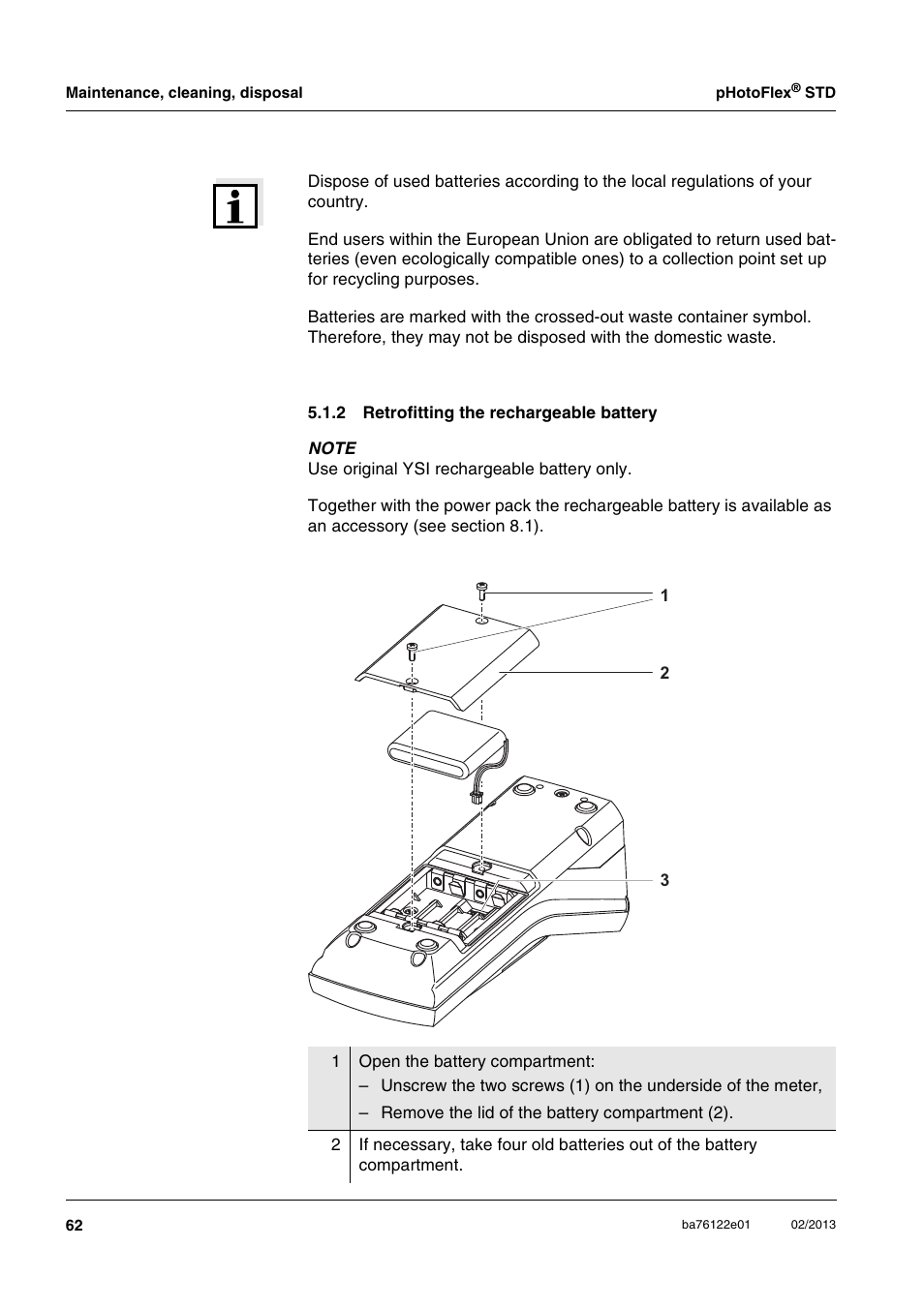 2 retrofitting the rechargeable battery, Retrofitting the rechargeable battery | YSI pHotoFlex STD Colorimeter User Manual | Page 62 / 80