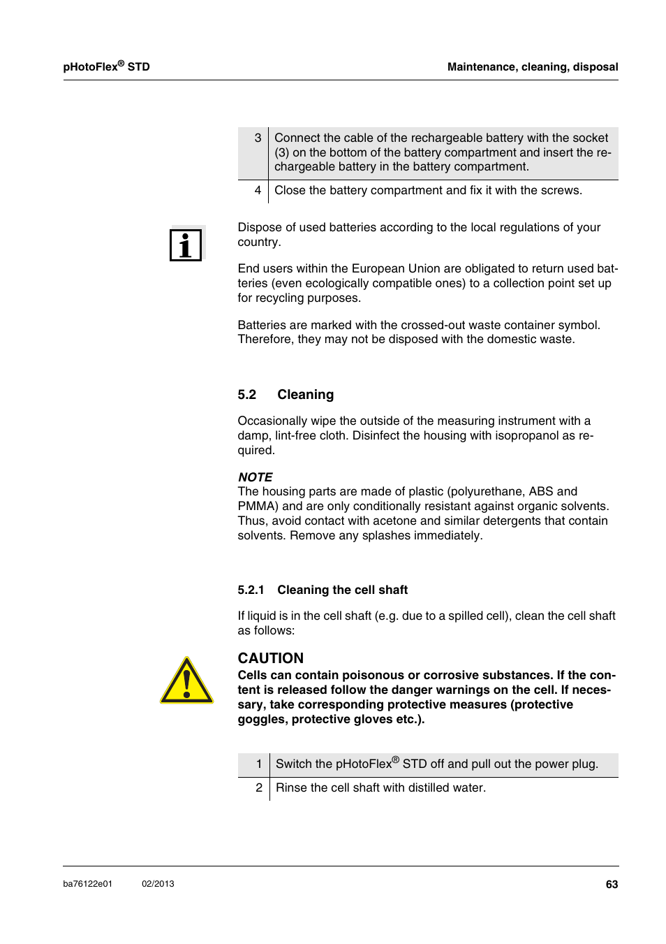 2 cleaning, 1 cleaning the cell shaft, Cleaning 5.2.1 | Cleaning the cell shaft, Caution | YSI pHotoFlex STD Colorimeter User Manual | Page 63 / 80