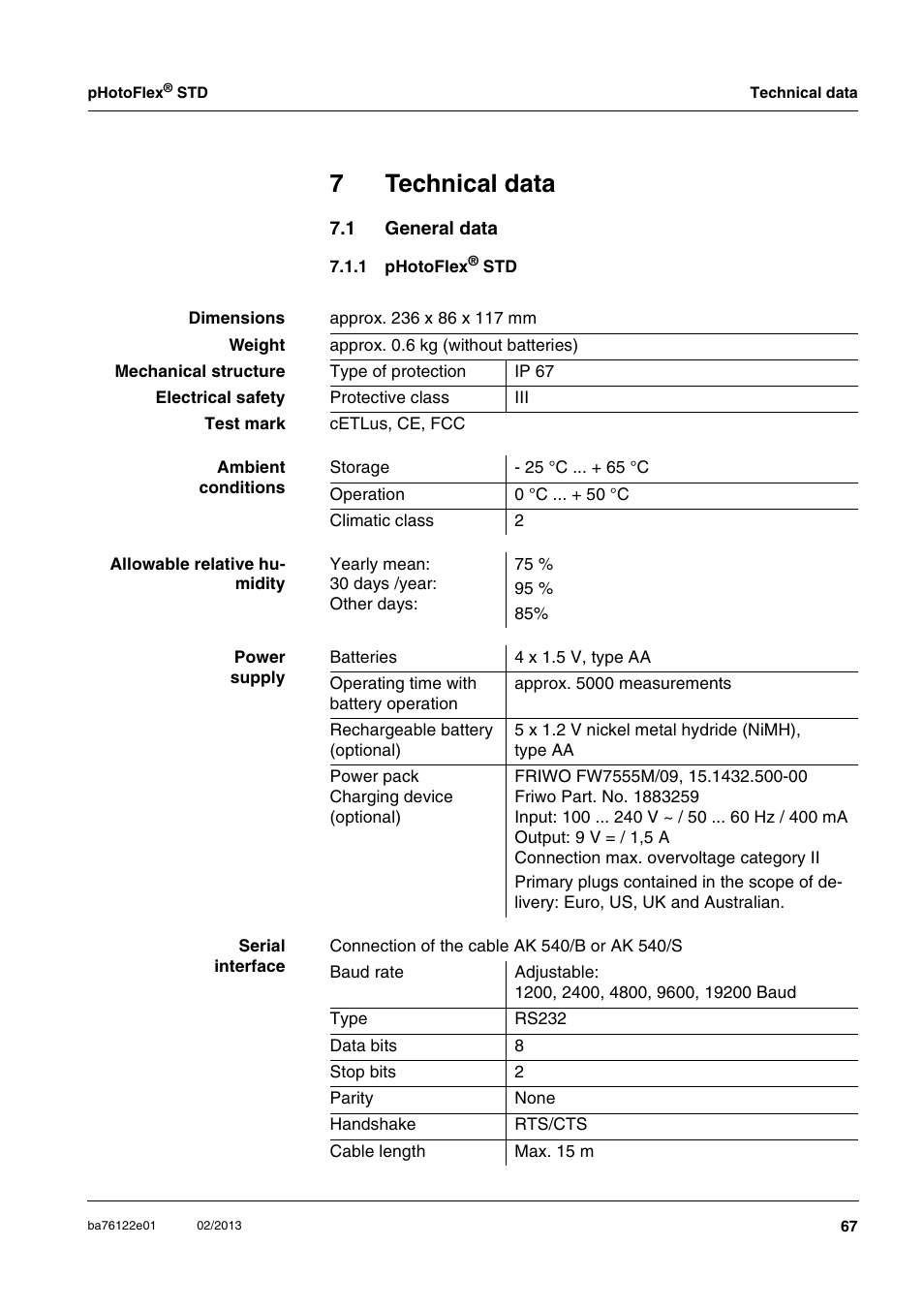 7 technical data, 1 general data, 1 photoflex® std | Technical data, General data 7.1.1, Photoflex, Chapter 7 t, Echnical, Data, See chapter 7 t | YSI pHotoFlex STD Colorimeter User Manual | Page 67 / 80