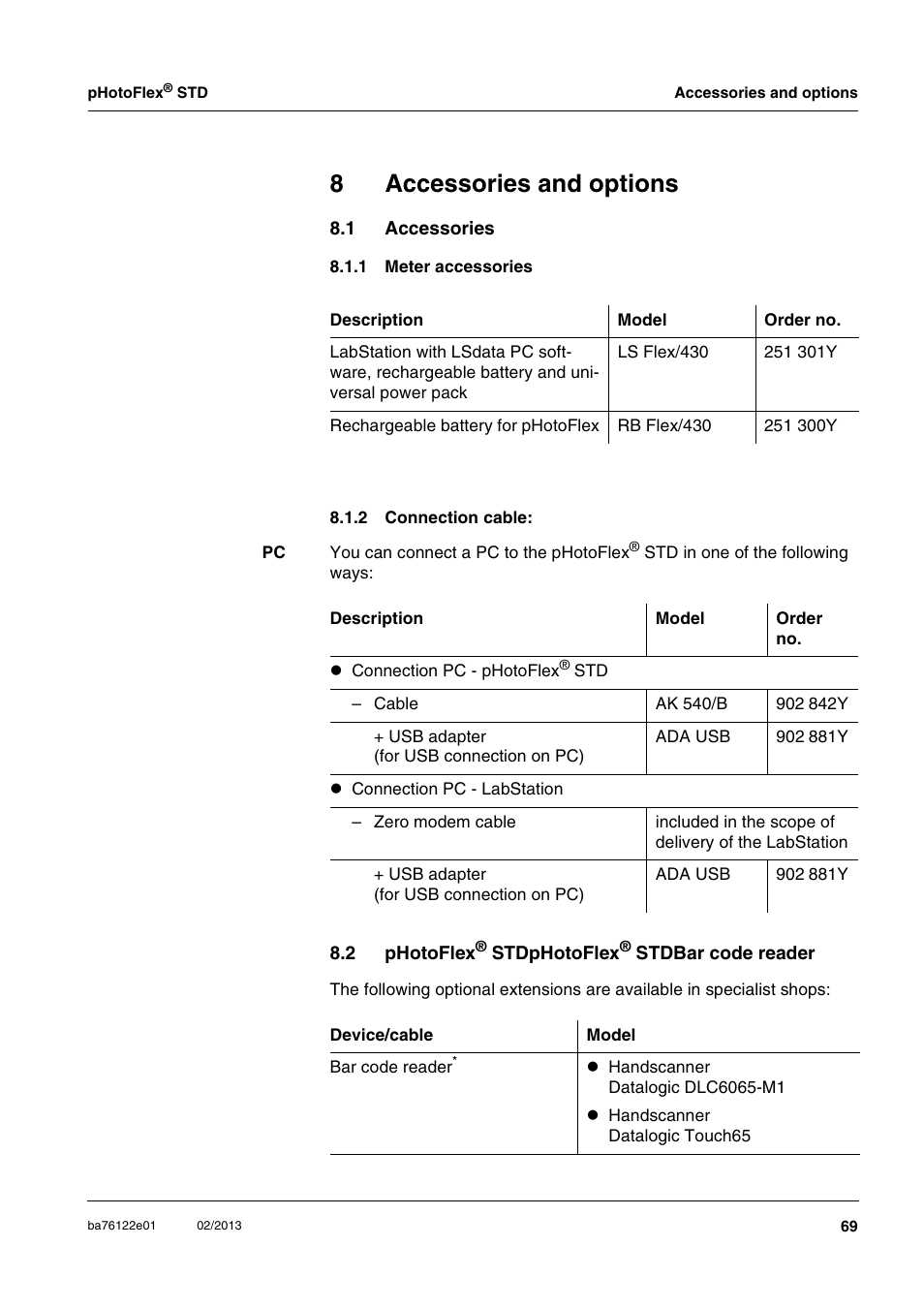 8 accessories and options, 1 accessories, 1 meter accessories | 2 connection cable, 2 photoflex® stdphotoflex® stdbar code reader, Accessories and options, Accessories 8.1.1, Meter accessories, Connection cable, Photoflex | YSI pHotoFlex STD Colorimeter User Manual | Page 69 / 80