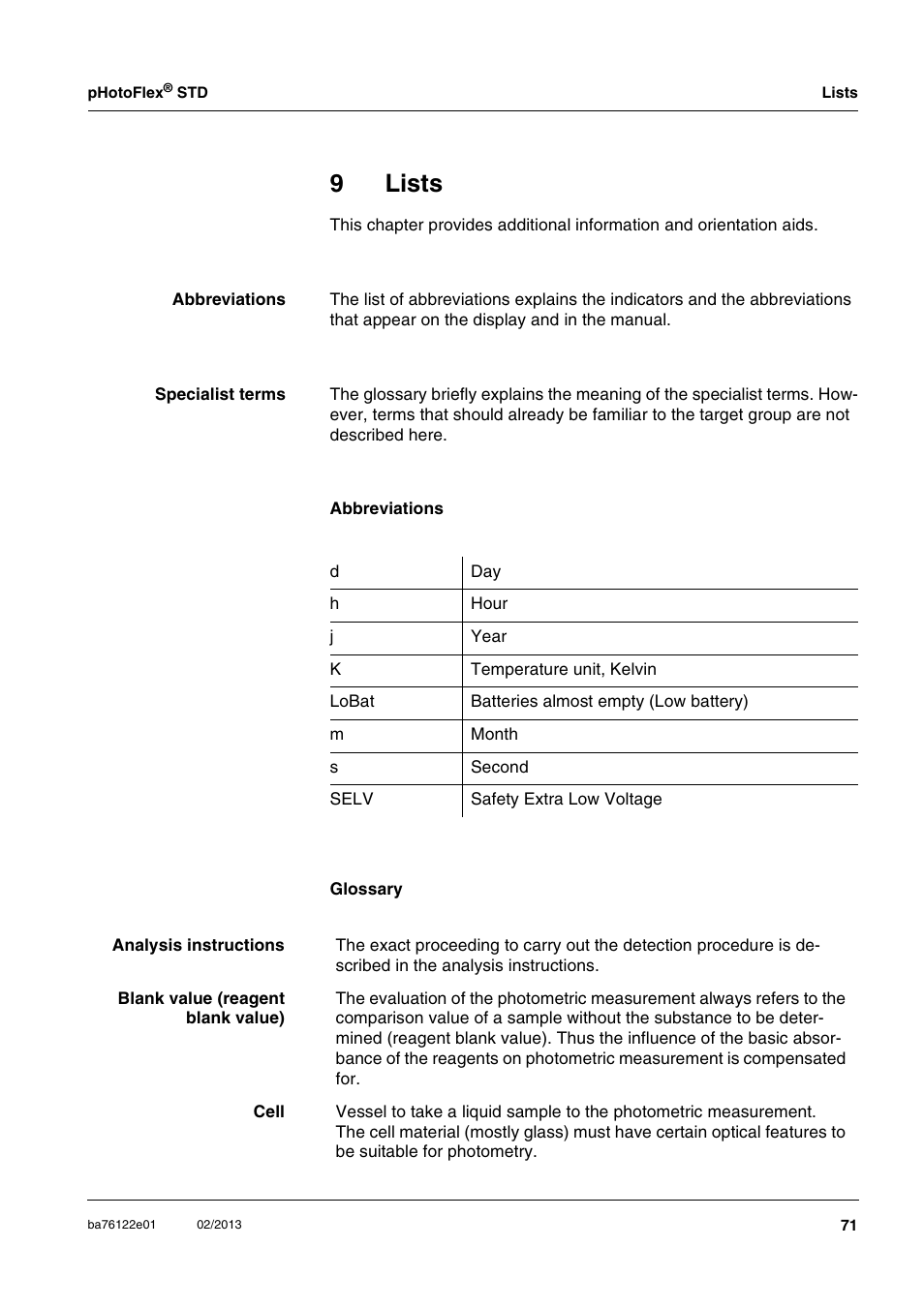 9 lists, Lists, 9lists | YSI pHotoFlex STD Colorimeter User Manual | Page 71 / 80