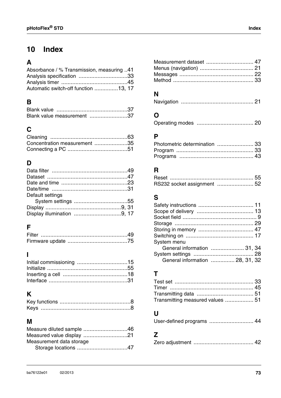 10 index | YSI pHotoFlex STD Colorimeter User Manual | Page 73 / 80