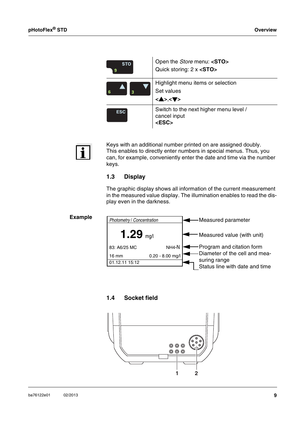 3 display, 4 socket field, Display | Socket field | YSI pHotoFlex STD Colorimeter User Manual | Page 9 / 80