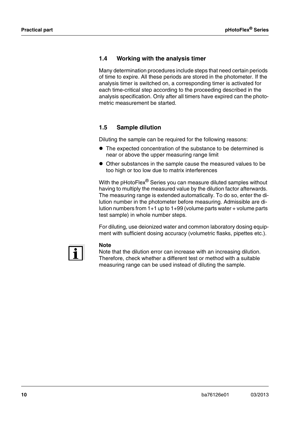 4 working with the analysis timer, 5 sample dilution, Working with the analysis timer | Sample dilution | YSI pHotoFlex Series User Manual | Page 10 / 64