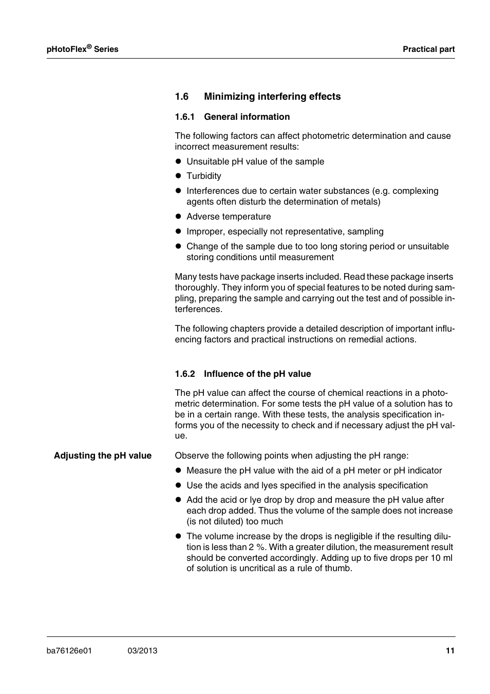 6 minimizing interfering effects, 1 general information, 2 influence of the ph value | Minimizing interfering effects 1.6.1, General information, Influence of the ph value | YSI pHotoFlex Series User Manual | Page 11 / 64