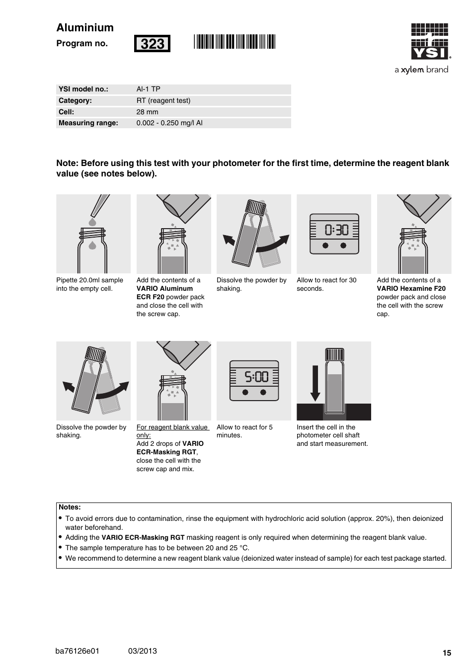 Aluminium, Al-1 tp, 002 - 0.250 mg/l al | 28 mm, Rn323, 00 aluminium | YSI pHotoFlex Series User Manual | Page 15 / 64