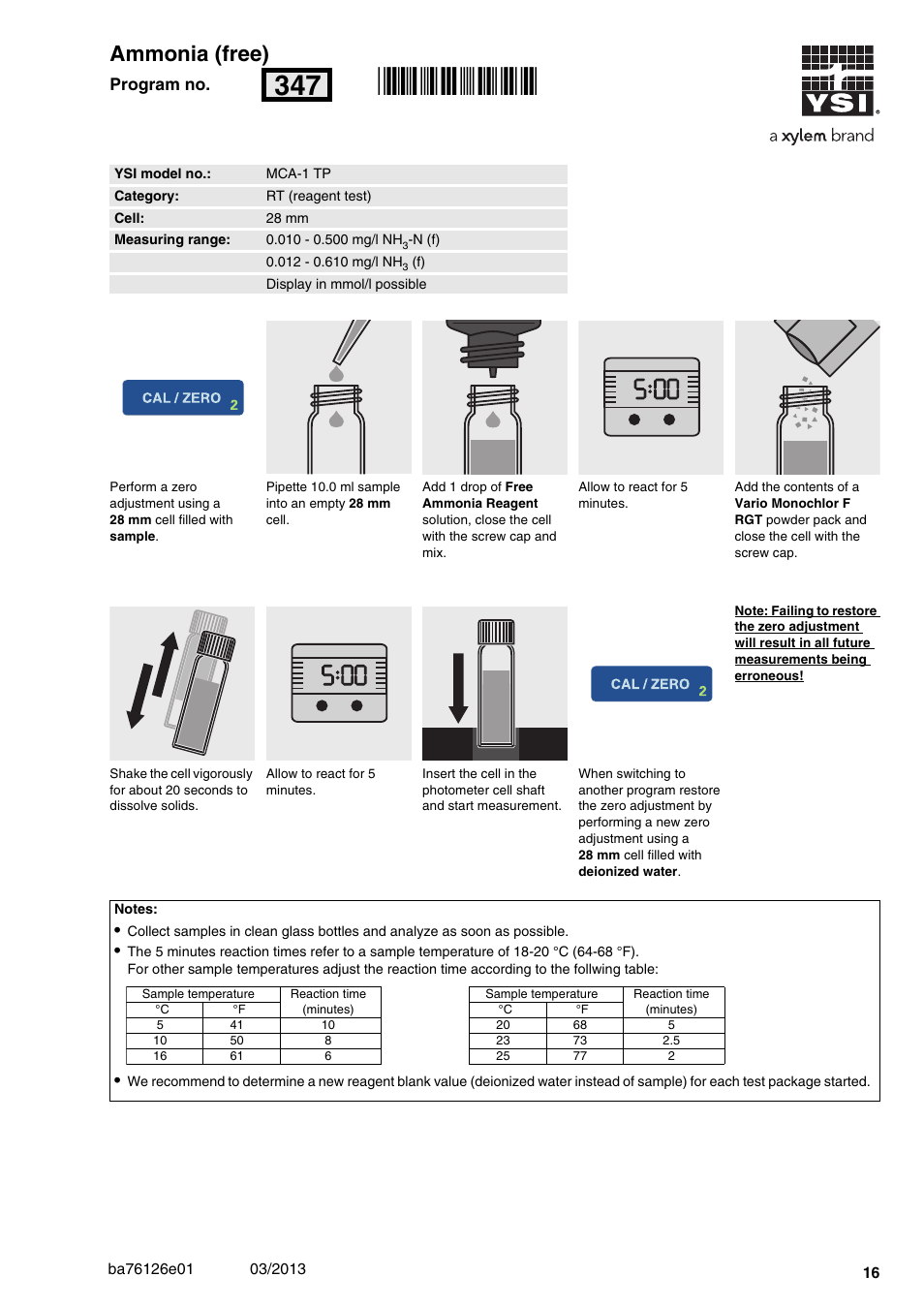 Ammonia (free), Mca-1 tp, 010 - 0.500 mg/l nh | N (f) 28 mm, Rn347 | YSI pHotoFlex Series User Manual | Page 16 / 64