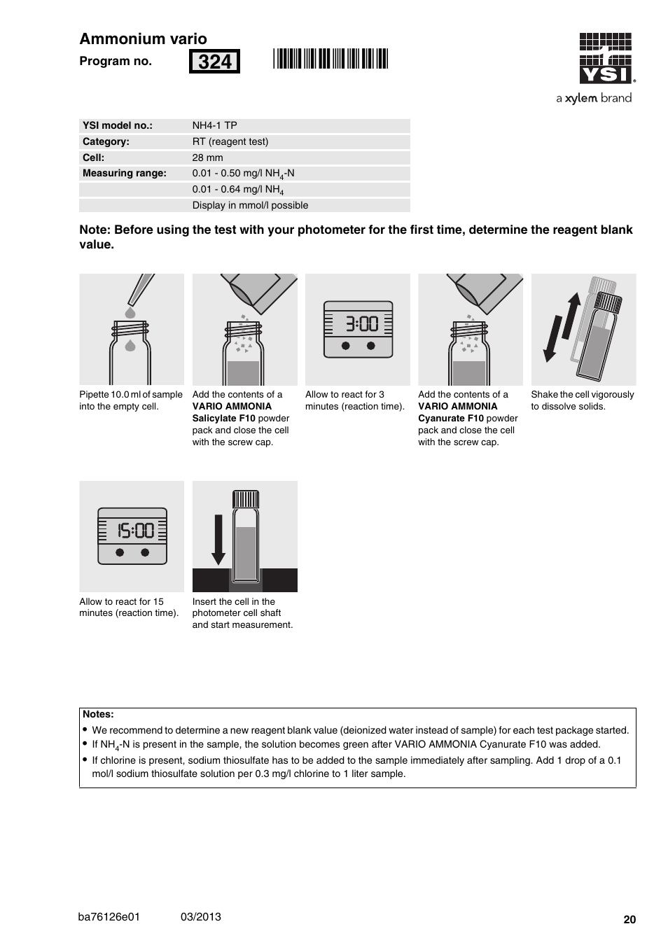 Ammonium vario, 01 - 0.50 mg/l nh, Nh4-1 tp | 28 mm, Rn324 | YSI pHotoFlex Series User Manual | Page 20 / 64