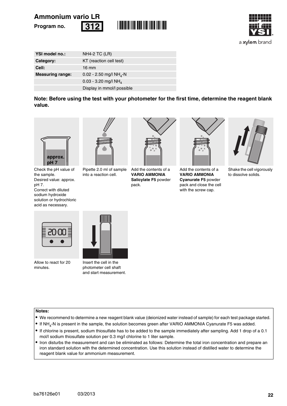 Ammonium vario lr, 02 - 2.50 mg/l nh, Nh4-2 tc (lr) | 16 mm, Rn312, 00 ammonium vario lr | YSI pHotoFlex Series User Manual | Page 22 / 64