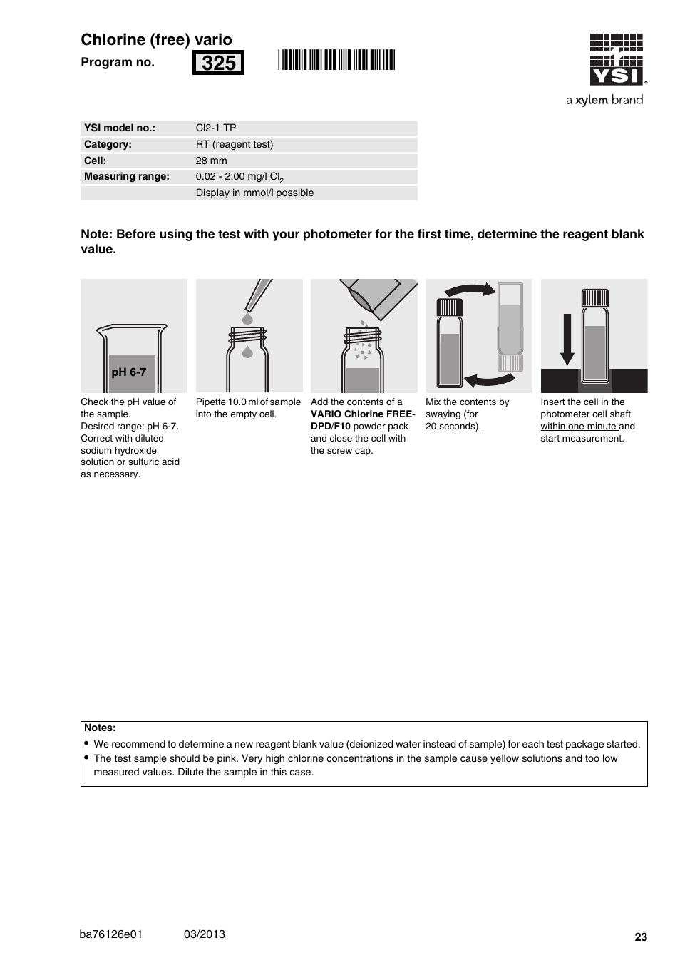 Chlorine (free) vario, Cl2-1 tp, 02 - 2.00 mg/l cl | 28 mm, Rn325 | YSI pHotoFlex Series User Manual | Page 23 / 64